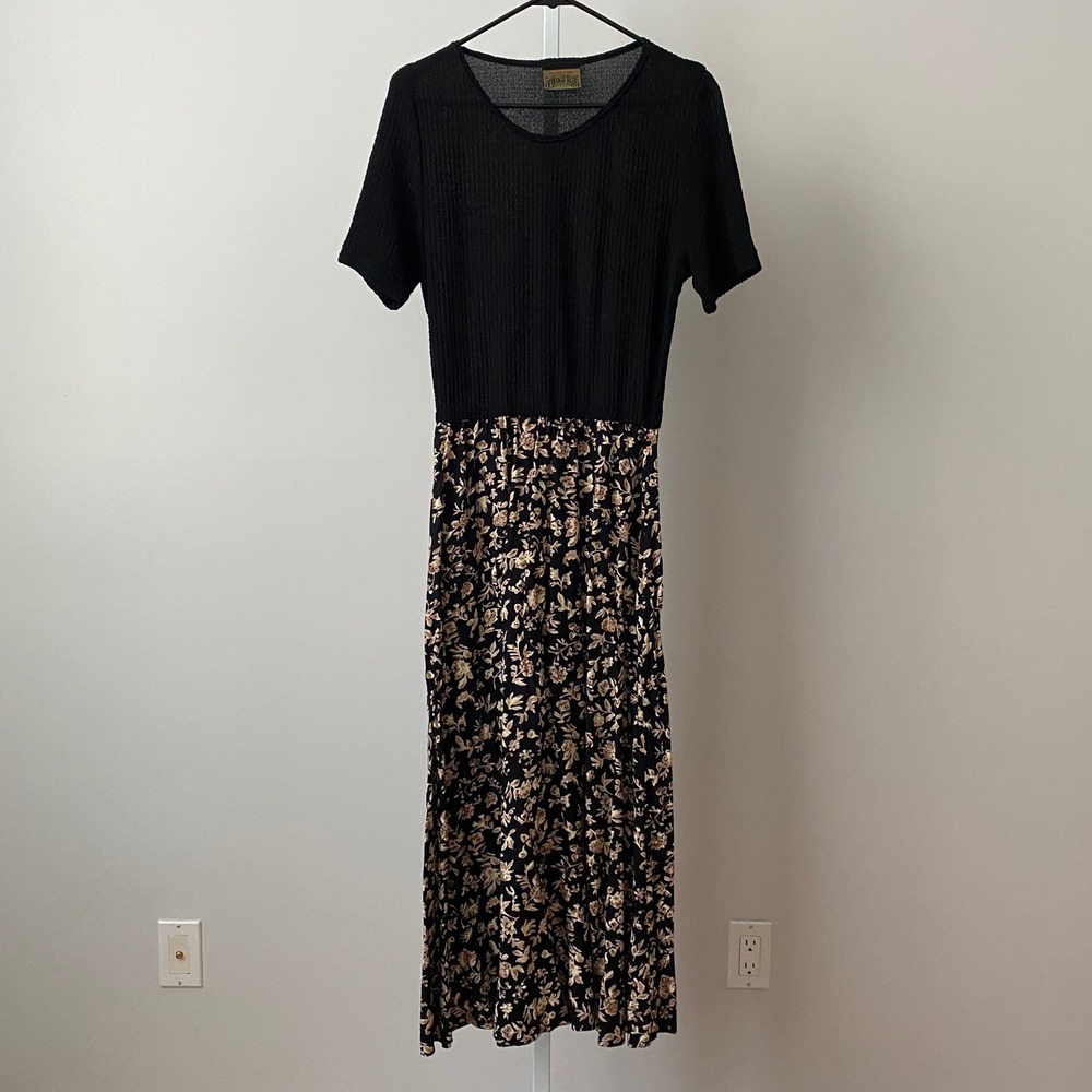 Vintage Blue Boho Prairie Fairy Grunge Floral Maxi Dress Medium Black
